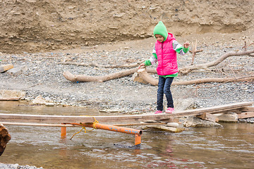 Image showing Seven-year girl is gently moved across the creek on the makeshift bridge