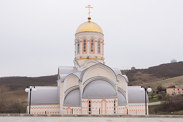 Image showing Varvarovka, Russia - March 15, 2016: View from the bus area of the church in the village of Great Martyr Barbara Varvarovka, a suburb of Anapa, Krasnodar Krai