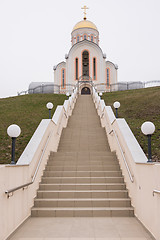 Image showing Varvarovka, Russia - March 15, 2016: The staircase and the main entrance to the church of Great Martyr Barbara in the village Varvarovka, a suburb of Anapa, Krasnodar Krai