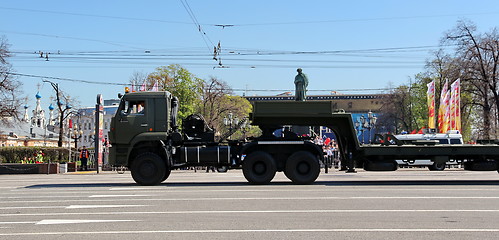 Image showing Military transportation on its back way after Victory Day Parade