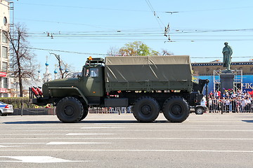 Image showing Military transportation on its back way after Victory Day Parade