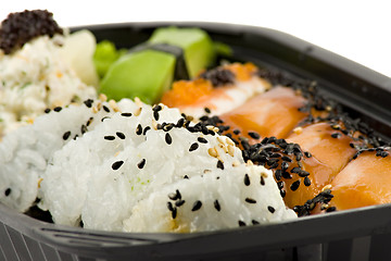 Image showing Sushi take-away meal isolated on white background