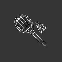 Image showing Shuttlecock and badminton racket. Drawn in chalk icon.