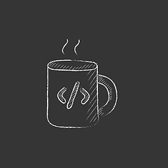 Image showing Cup of coffee with code sign. Drawn in chalk icon.