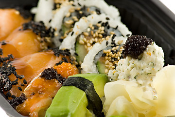 Image showing Close up picture of a sushi take-away meal