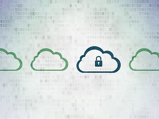 Image showing Cloud networking concept: cloud with padlock icon on Digital Data Paper background