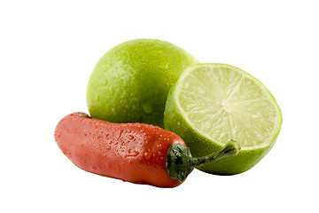 Image showing Two lime and a red chili isolitad on white background