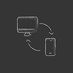 Image showing Synchronization computer with mobile device. Drawn in chalk icon.