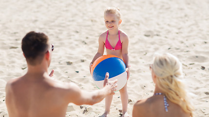 Image showing happy family playing with inflatable ball on beach