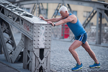 Image showing handsome man stretching before jogging