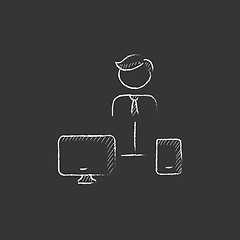 Image showing Man linked with computer and phone. Drawn in chalk icon.