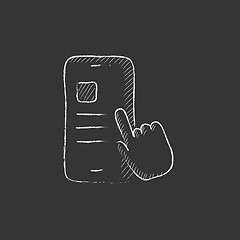 Image showing Finger touching smartphone. Drawn in chalk icon.