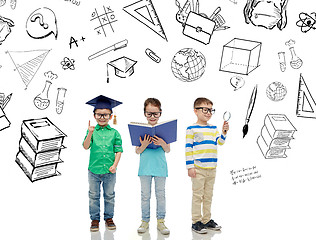 Image showing kids in glasses with book, lens and bachelor hat