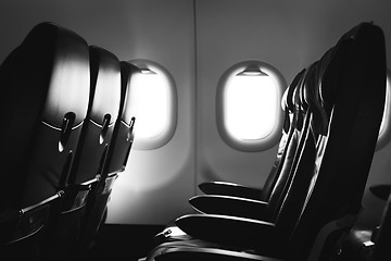 Image showing Airplane seat and window inside an aircraft