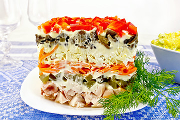 Image showing Salad with chicken and dill on tablecloth