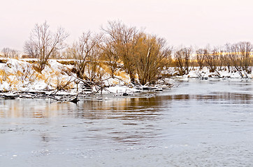 Image showing River and the snow-covered beach with trees