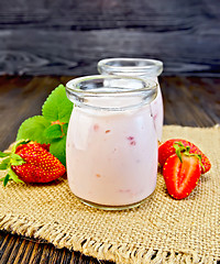 Image showing Yogurt with strawberries and mint on sacking