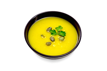 Image showing Soup-puree pumpkin with parsley in bowl