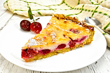 Image showing Pie cherry with sour cream in white plate on board