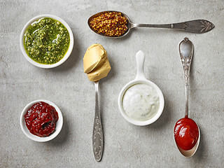 Image showing various sauces in bowls and spoons