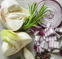 Image showing fresh garlic, onion and rosemary
