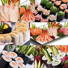 Image showing Assorted delicious sushi rolls and fish collage 
