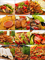 Image showing Collage of assorted meat or fish dishes closeup 