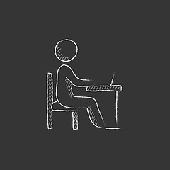 Image showing Student sitting on chair in front of laptop. Drawn in chalk icon.