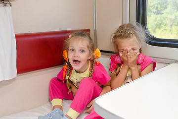 Image showing Two cheerful little girls are sitting on the train on the lower second-class place car in the same pajamas