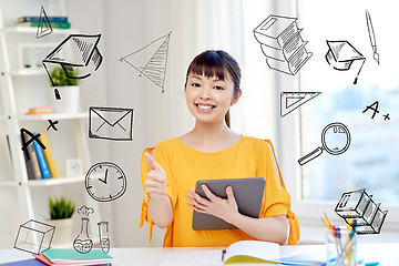 Image showing happy asian woman student with tablet pc at home