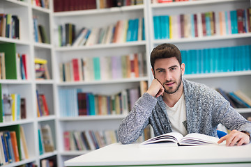 Image showing portrait of student while reading book  in school library