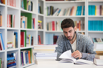 Image showing portrait of student while reading book  in school library