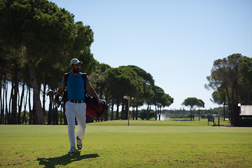 Image showing golf player walking and carrying bag