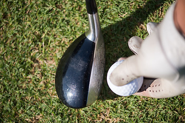 Image showing golf player placing ball on tee