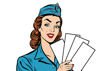 Image showing Girl retro stewardess with white forms brochure ticket