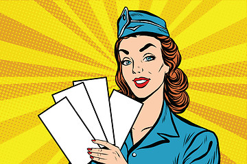 Image showing Girl retro stewardess with white forms brochure ticket