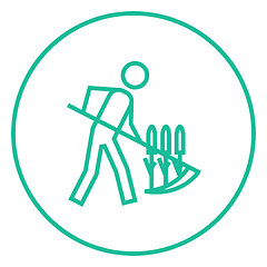 Image showing Man mowing grass with scythe line icon.