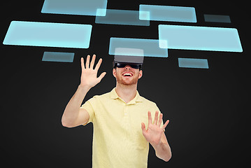 Image showing happy man in virtual reality headset or 3d glasses