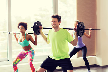 Image showing group of people exercising with barbell in gym