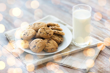 Image showing close up of chocolate oatmeal cookies and milk