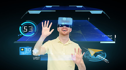 Image showing happy man in virtual reality headset or 3d glasses