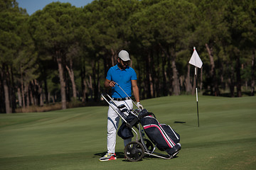 Image showing golf player walking with wheel bag