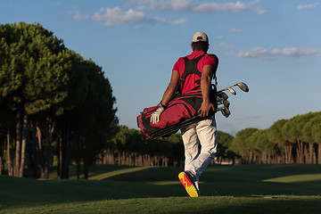 Image showing golfer  walking and carrying golf  bag