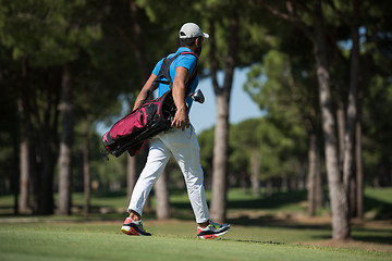 Image showing golf player walking and carrying bag