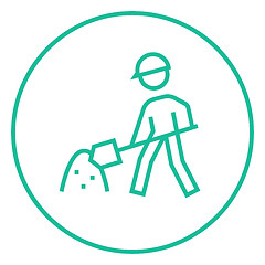 Image showing Man with shovel and hill of sand line icon.