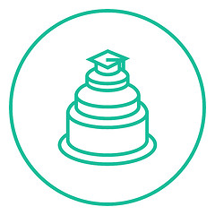 Image showing Graduation cap on top of cake line icon.