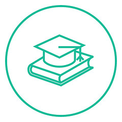 Image showing Graduation cap laying on book line icon.