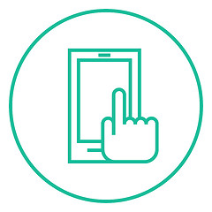 Image showing Finger pointing at smart phone line icon.