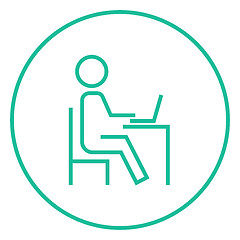 Image showing Student sitting on chair in front of laptop line icon.