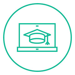 Image showing Laptop with graduation cap on screen line icon.